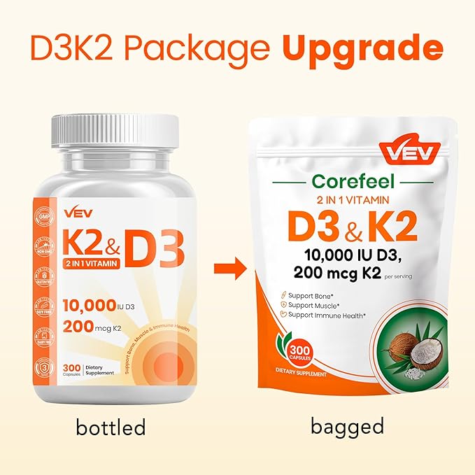 VEV Corefeel Vitamin D3 K2, 10,000 IU D3, 200mcg K2 (with MK7), Supports Bone and Teeth Health, Dual Nutrient Support for Daily Wellness, Easy to Swallow – 300 Capsules