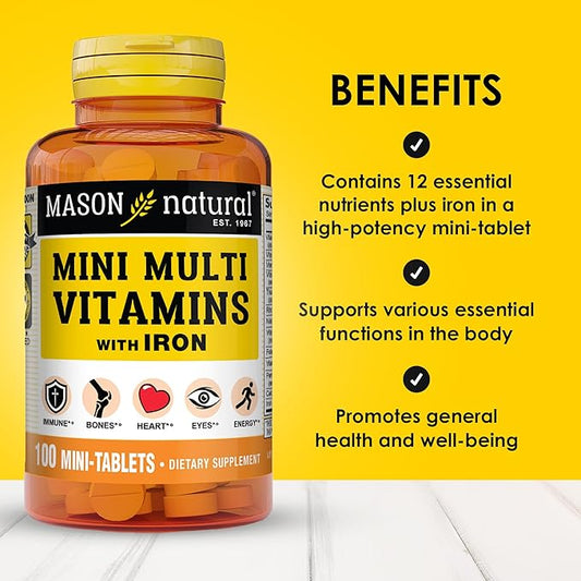 MASON NATURAL Daily Mini Multi Vitamins with Iron, Vitamins A, C, D, E, B1, B2, B3, B6, B12, Folate & Calcium, 100 Day Supply (1 Pack)