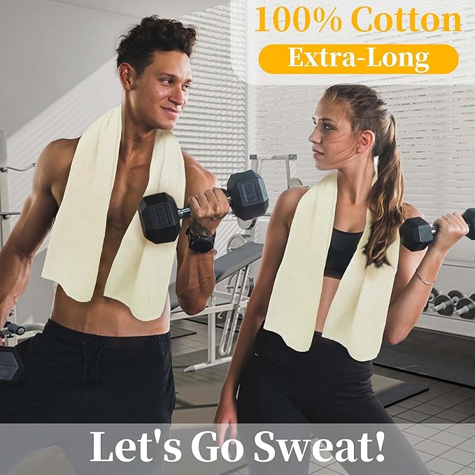 Workout Towels for Gym (2PC, 13"x43") - 100% Cotton, Breathable, Soft & Absorb - Sweat Towel for Men & Women, Sports Hand Towel for Yoga, Shower, Tennis, Running, Exercise & Fitness, Ivory