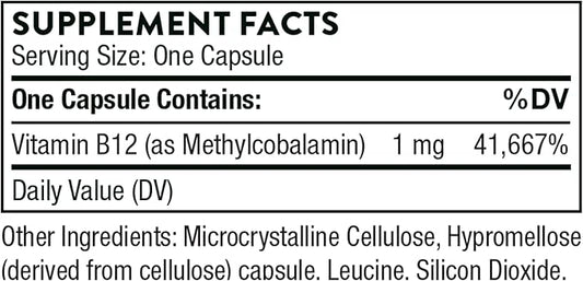 THORNE - Vitamin B12 - as Methylcobalamin - Supports Heart & Nerve Health, Blood Cell Function, Healthy Sleep & Methylation* - Gluten, Dairy & Soy-Free - 60 Capsules