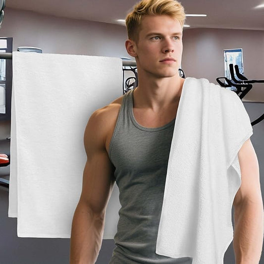 Sweat Towel for Men & Women, Sports Hand Towel for Yoga, Shower, Tennis, Running, Exercise & Fitness - 100% Cotton, Breathable, Soft & Absorb, Workout Towels for Gym (2PC, 14"x48") , White
