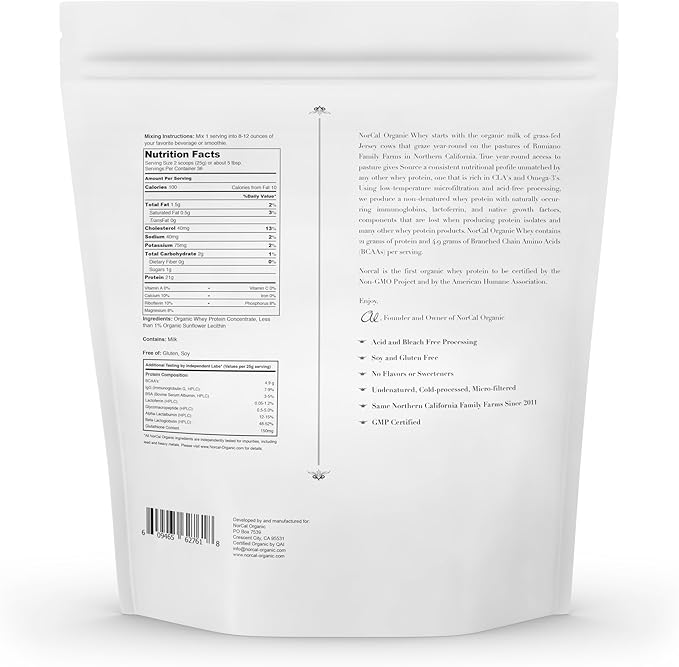 NorCal Organic Whey Protein | 100% Grass-Fed, USDA Certified | Pure, Clean Protein Sourced from Northern California Family Farms | Unflavored | 2 Pound (Pack of 1)