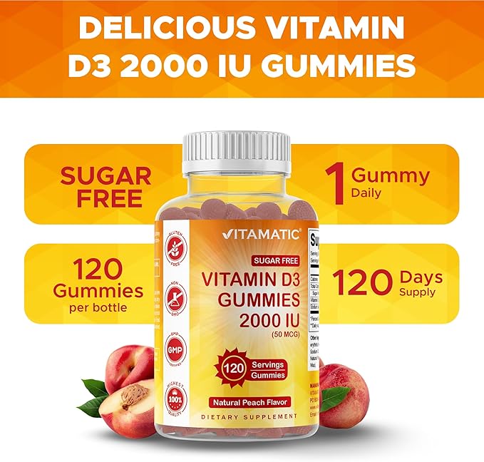 Vitamatic Sugar Free Vitamin D3 2000 IU - 120 Pectin Based Gummies - Great Taste - Healthy Bones, Mood & Immune System Function - Non-GMO - 120 Servings
