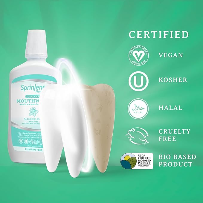 SprinJene Fluoride Free Mouthwash Alcohol Free for Fresh Breath Gum Health Dry Mouth Whitening Teeth w/Black Seed Oil, Zinc, Xylitol –All Natural Vegan Gluten Free Kosher Halal SLS Free& Non Toxic-2PK