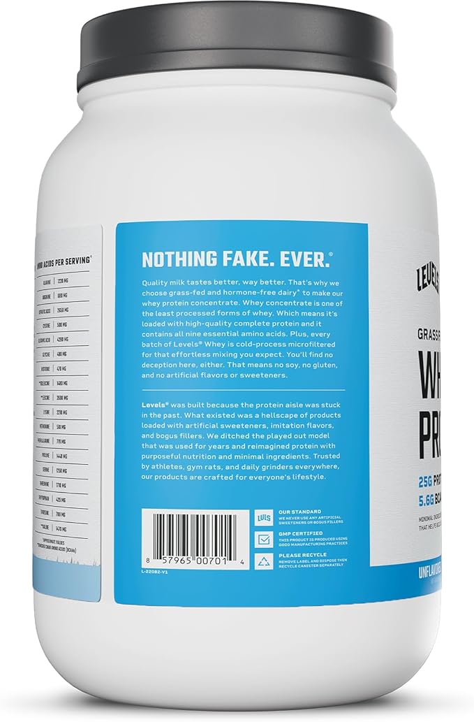 Levels Grass Fed Whey Protein Powder, No Artificials, 25G of Protein, Unflavored, 2LB