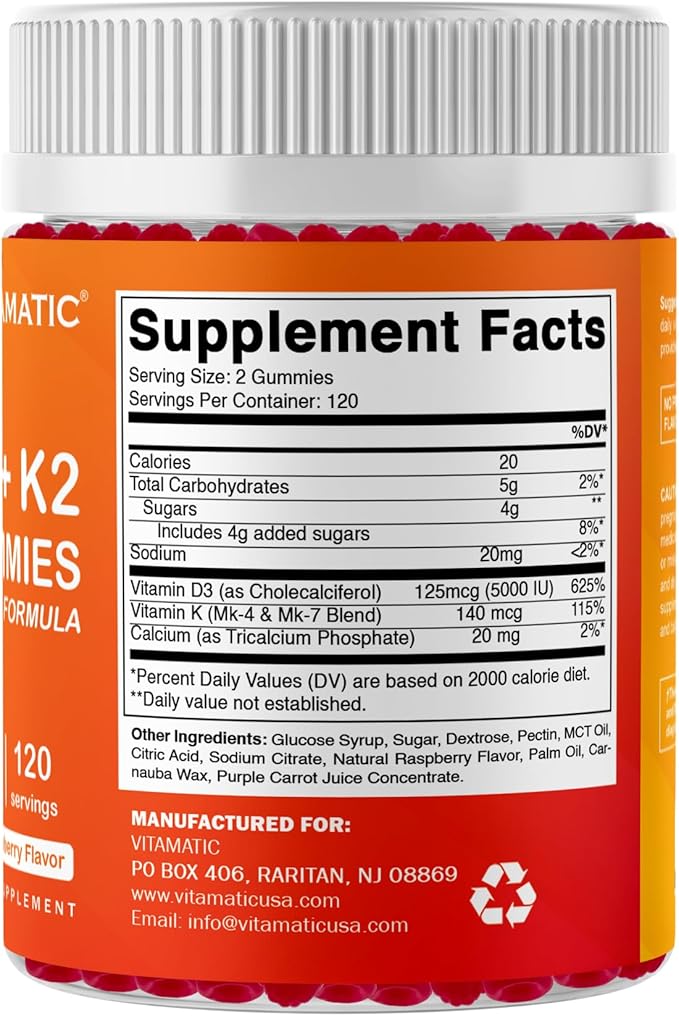 Vitamatic Vitamin D3 K2 with Calcium Gummies - 240 Count - Non-GMO, Gluten Free