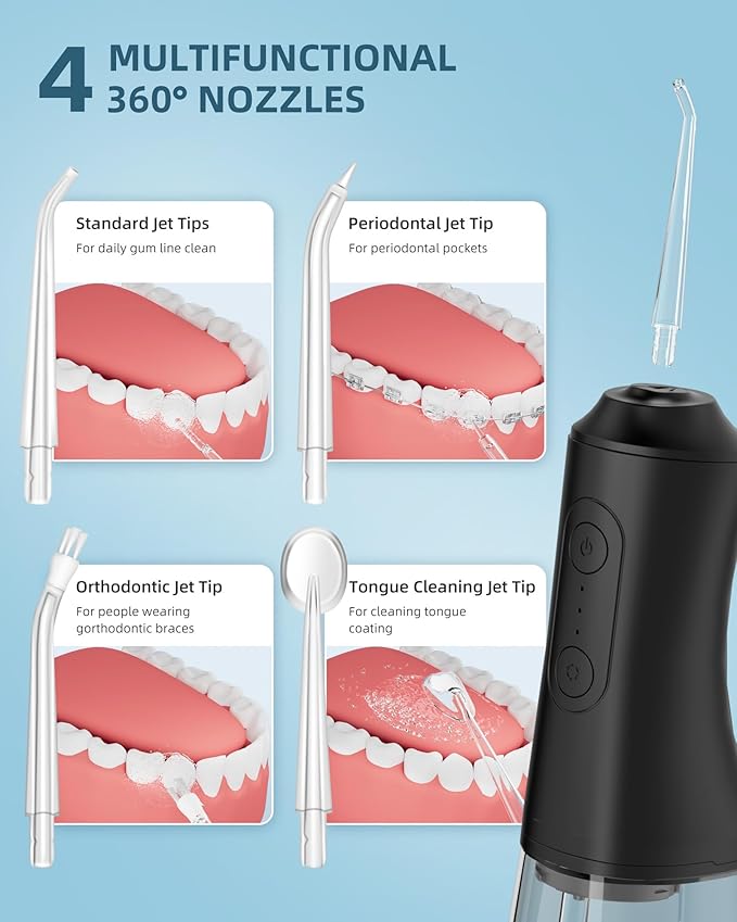 Water Flosser, Water Dental Flosser Pick for Teeth, 300ML IPX7 Waterproof Oral Irrigator, 3 Modes 4 Replaceable Jet Tips, Professional Flossing Cleaning Picks for Home Travel Gums, Braces Care (Black)