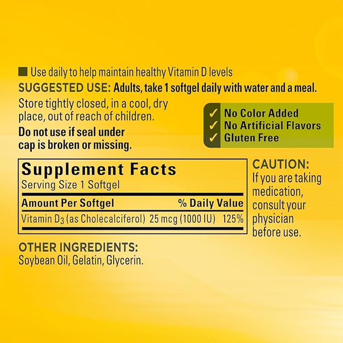 Vitamin D3 25mcg (1000 IU) | 650 Softgels – 22 Month Supply | Supports Bone, Teeth, Muscle & Immune System | Gluten Free | Easy to Swallow Supplement | Made for a Healthy Connection with Nature