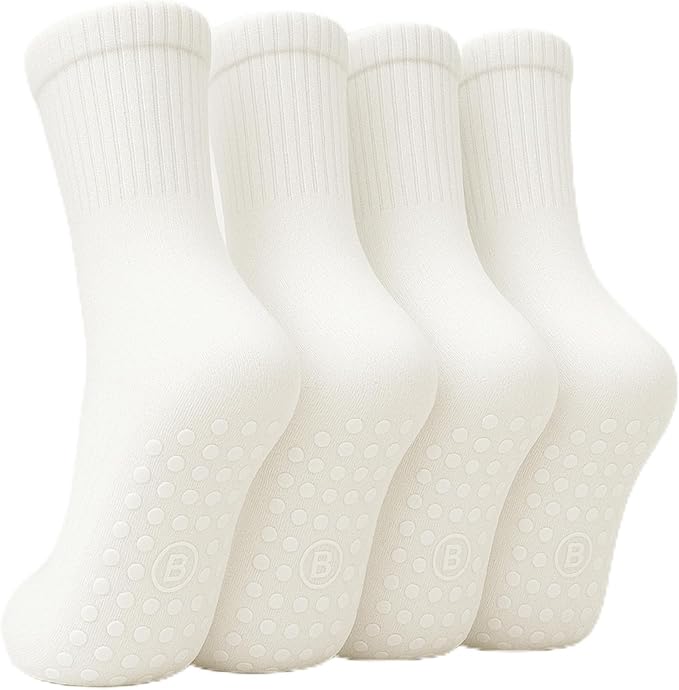 BELINO Pilates Socks for Women with Non Slip Grippers – Crew Socks for Yoga, Barre, Gym, Workout, Hospital 4 Pairs