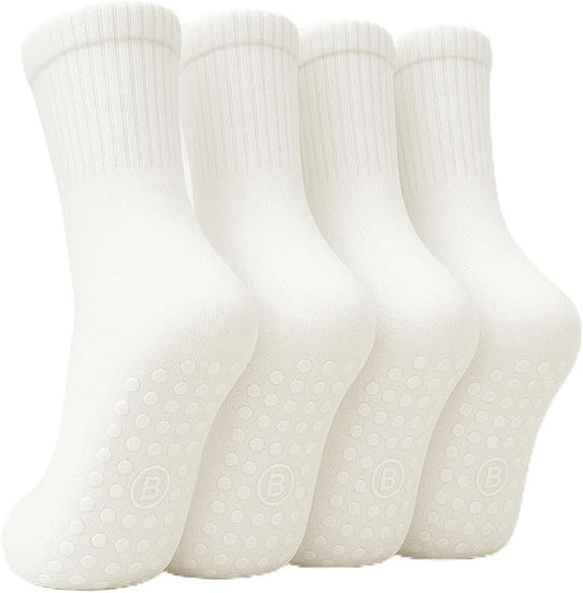 BELINO Pilates Socks for Women with Non Slip Grippers – Crew Socks for Yoga, Barre, Gym, Workout, Hospital 4 Pairs