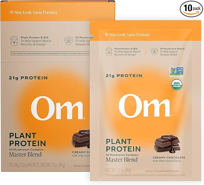 Om Master Blend Vegan Protein Powder, Chocolate, 21g of Plant Protein - Organic Mushroom Supplement with 10 Mushroom Complex, Ashwagandha, BCAAs and Vitamin B12 - Single Serve (10 Count)