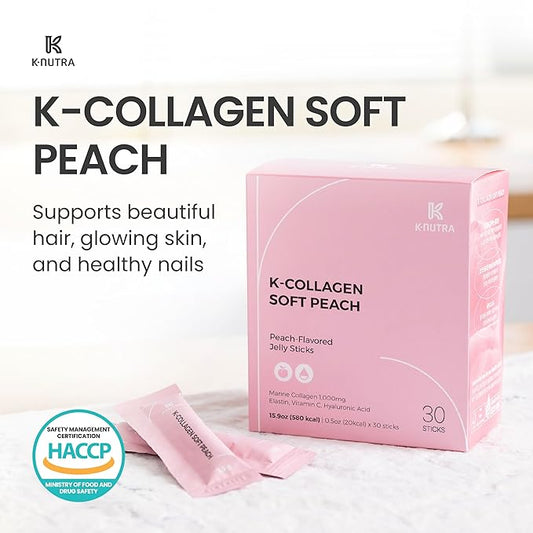K-Nutra K-Collagen Soft Peach (15.9oz, 30 Sticks) - Holiday Gifts - Skin, Hair, Nail Health, Tasty Jelly, Fast Absorption. Low-Molecular Marine Collagen, Vitamin C