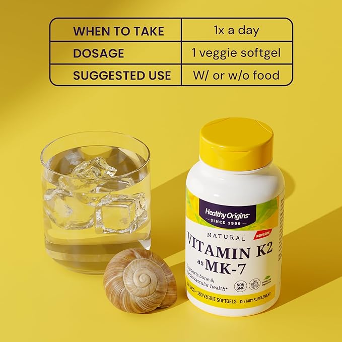 Healthy Origins Vitamin K2 100 mcg (MK-7, Non-GMO, Gluten Free, Cardiovascaular Support, Bone Support), 60 Veggie Gels