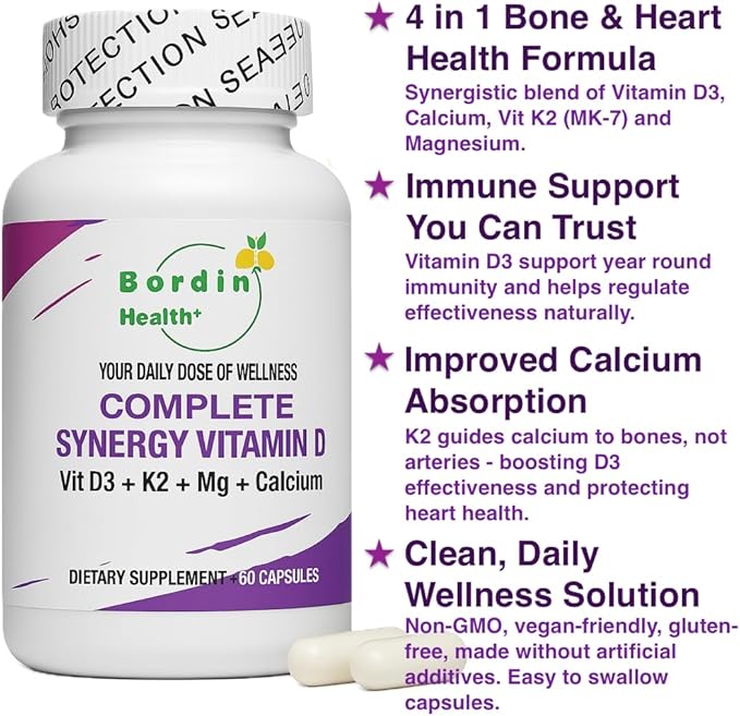 Bone Health Complex - Vitamin D3 1000 IU + Vitamin K, Calcium & Magnesium - 4-in-1 Daily Supplement for Strong Bones & Joints - 60 Capsules