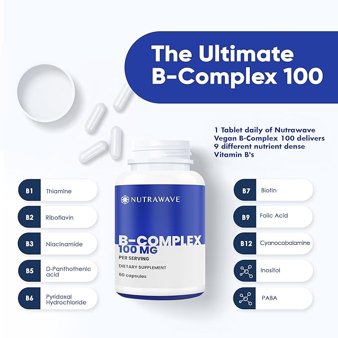 VITAMIN B COMPLEX 100 High Potency, 9 Complete B’s - B1- B12 for Men & Women, Reduce Stress, Immune Support, Hair, Skin, Supports Energy Levels & Brain Function Vegan - 60 Capsules/ 60 Day Supply