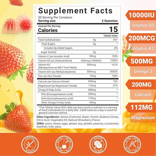 Vitamin D3 K2 Gummies, Vitamin D3 10000 IU & K2 (MK-7) 200 mcg - D3 K2 Supplement with Omega 3, Calcium, Magnesium for Bone Muscle Teeth Immune