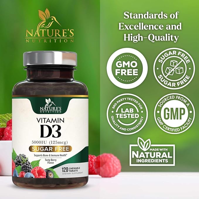 Vitamin D3 5000 IU (125 mcg) Nature's Extra Strength Vitamin D Supplement Chewable for Immune Support Health - Bone, Teeth and Muscle Supplements - Sugar Free, Non-GMO, Gluten Free - 120 Count Tablets