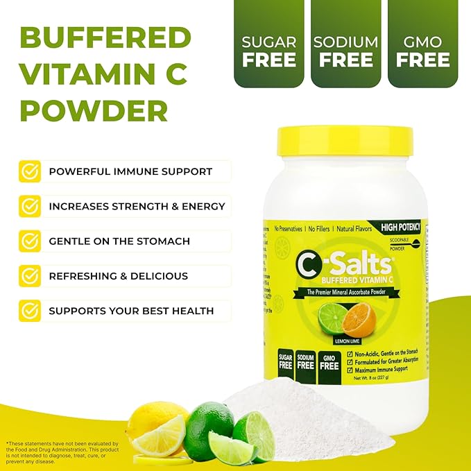 C-Salts Vitamin C Powder Supplement - 100% Pure High Dose Buffered Vitamin C Powder for Immune Support - Organic, Sugar-Free, Vegan, Non-GMO, Stomach-Friendly, Lemon Lime 8oz