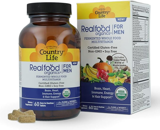 Country Life RealFood Organics for Men – 60 Tablets | 1,300mg Organic Fermented Whole Foods, 7-Mushroom Superfood & Aloe – Certified Gluten-Free, Vegan & USDA Organic Multivitamin