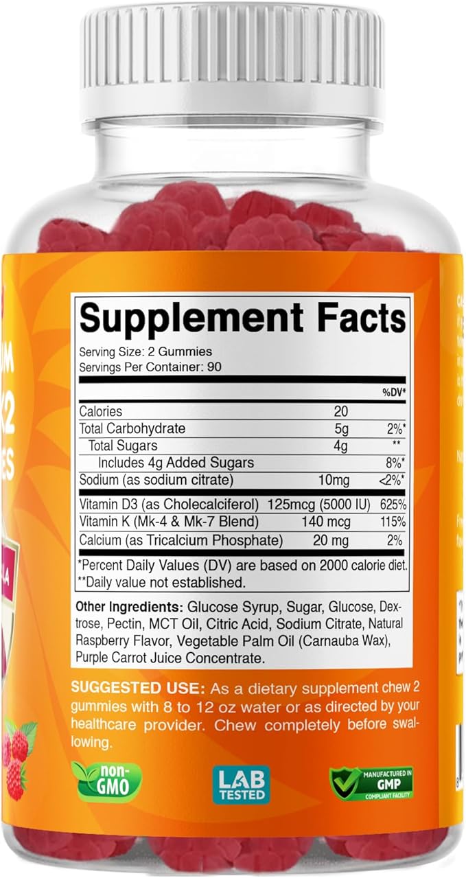 Vitamin D3 + K2 Gummies – Bone & Heart Health Support – 180 Pectin-Based Vegan Gummies