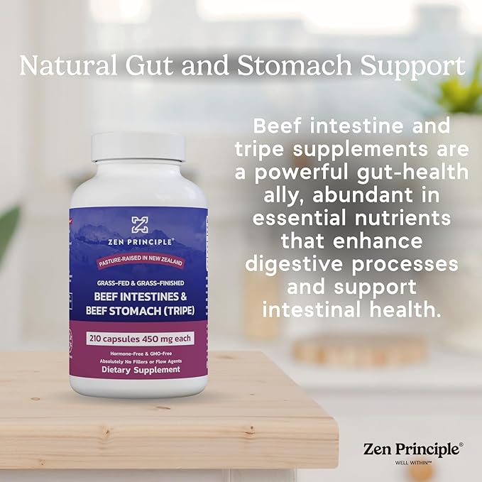 Zen Principle Grass Fed Beef Intestines with Stomach (Tripe) Supplement, Supports Digestive Health and Gut Balance, Supports Acid Reflux Balance, Natural Intestine Wellness, 2-Pack, 420 Capsules.