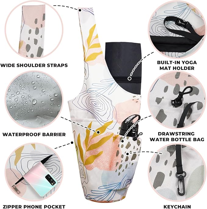 Yoga Mat Bag Carrier for Women Workout Large Waterproof with Zipper Pocket, Keychain and Wide Shoulder Straps