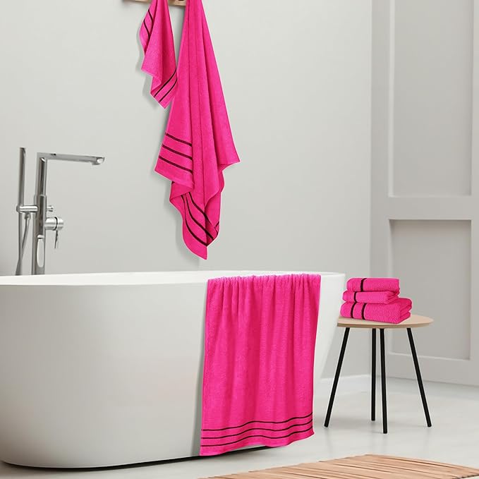 MyOwn Ultra Soft 6 Pack Cotton Towel Set, Contains 2 Bath Towels 28x55 inch, 2 Hand Towels 16x24 inch & 2 Wash Coths 12x12 inch, Ideal Everyday use, Compact & Lightweight - Hot Pink, 71654