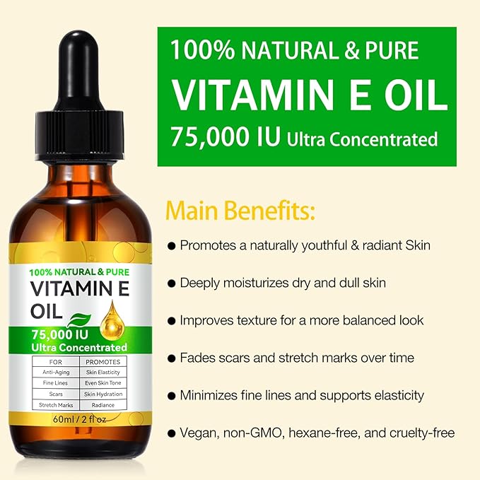 WHLH & WELL-BEING Pure Vitamin E Oil for Skin Face Hair Scars, Blend 75,000 IU, Moisturizing Dry Skin Winkles Hair and Scalp Pack of 1