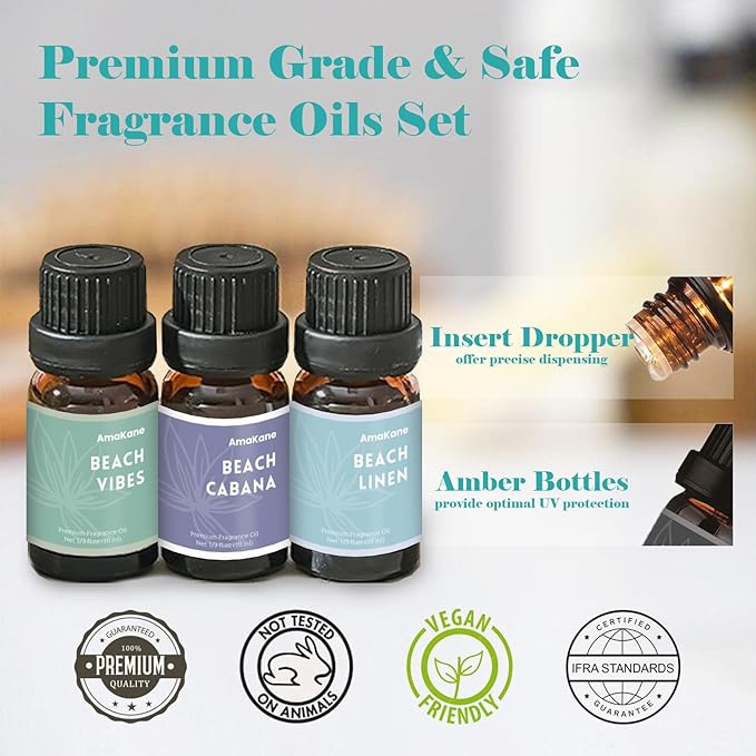 AmaKane Fragrance Oils, Beach Fragrance Oil for Candle Making, Soap Making Scents, Summer Essential Oils for Diffusers for Home 6x10 ml, Beach Linen, Salty Sea, Sunset Glow and More