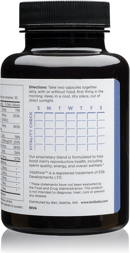 Beli Men Prenatal Multivitamin Preconception Fertility Support, Enhanced Sperm Health, Sperm Count & Motility, Testosterone, 60 Capsules with Vitamin E, B6, B12, Zinc, Folate & CoQ10, 30-Day Supply