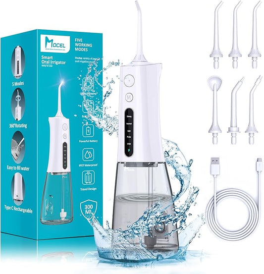 Water Dental Flosser OLED Display Cordless Teeth Cleaning MOCEL 5 Modes Oral Irrigator 300ML Portable and USB C Rechargeable IPX7 Waterproof Floss Teeth Pick (White)