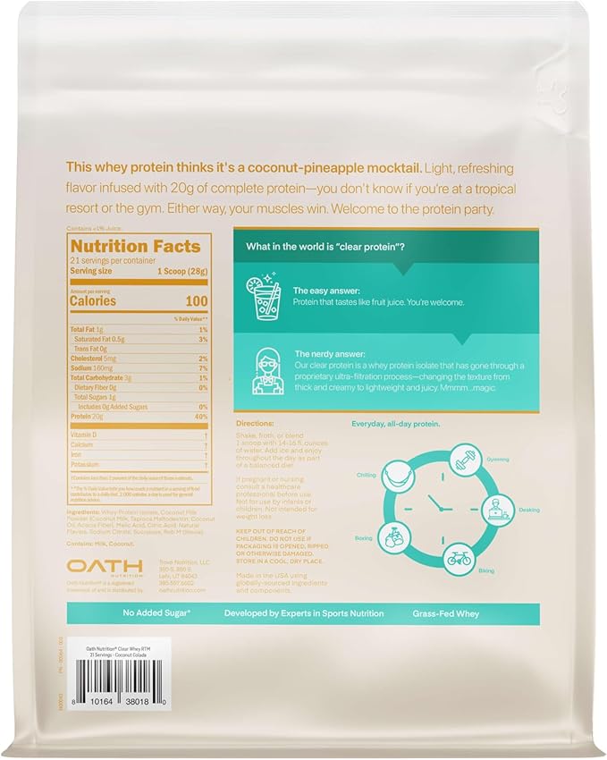 Oath Nutrition Clear Whey Isolate Protein Powder, Coconut Colada, 20g Complete Protein per Serving, No Added Sugar, Grass-Fed, 21 Servings