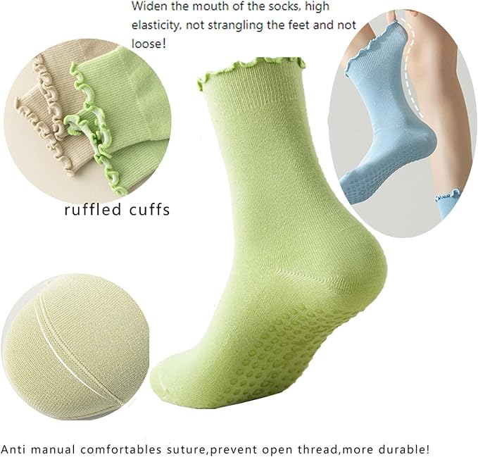 4 Pairs Ruffle Yoga Socks for Women,Cute Frilly Non-Slip Grips Socks for Pilates,Fitness,Hospital,Pregnant