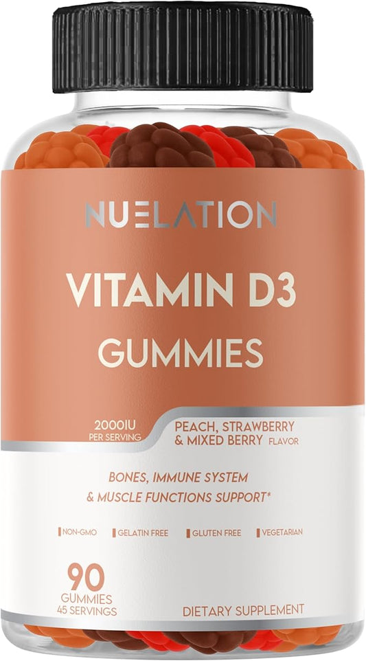 Vitamin D Gummies for Adults (Vitamin D3 2000 IU). Gelatin-Free, Gluten-Free & Non-GMO Vitamin D Gummy. Supports Bones, Muscles, and Immune System. 45 Day Supply. D3 Gummies for Adults