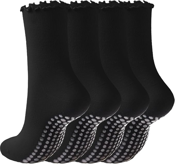 REACH STAR 4 Pairs Pilates Socks with Grips Non Slip Ruffle Yoga Grip Socks for Women