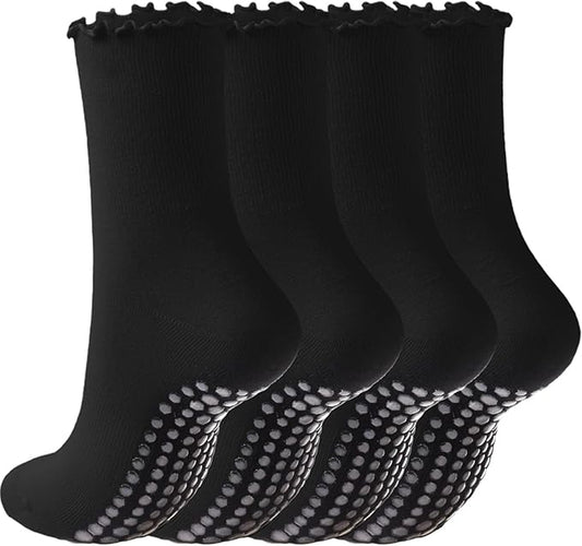 REACH STAR 4 Pairs Pilates Socks with Grips Non Slip Ruffle Yoga Grip Socks for Women