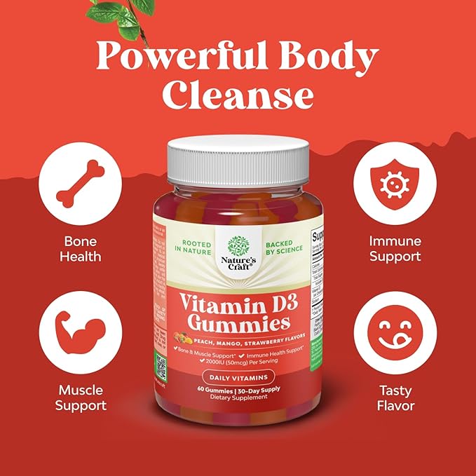 Natures Craft Vitamin D3 Gummies for Daily Wellness - Delicious D Adults with 2000IU per Serving Bone Muscle & Immune Support Non-GMO Gelatin Gluten Free (30 Day Supply)