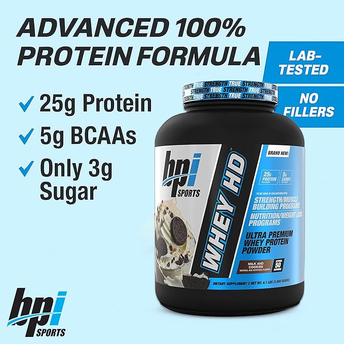 BPI Sports Whey HD Ultra Premium Protein Powder Isolate | Workout Whey Protein Powder for Men & Women for Muscle Gain | Milk Protein Concentrates | Milk and Cookies, 4.07 Pound