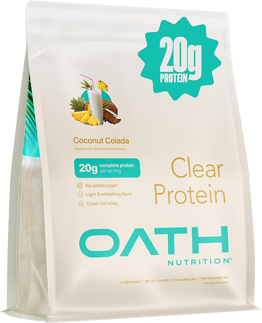 Oath Nutrition Clear Whey Isolate Protein Powder, Coconut Colada, 20g Complete Protein per Serving, No Added Sugar, Grass-Fed, 21 Servings