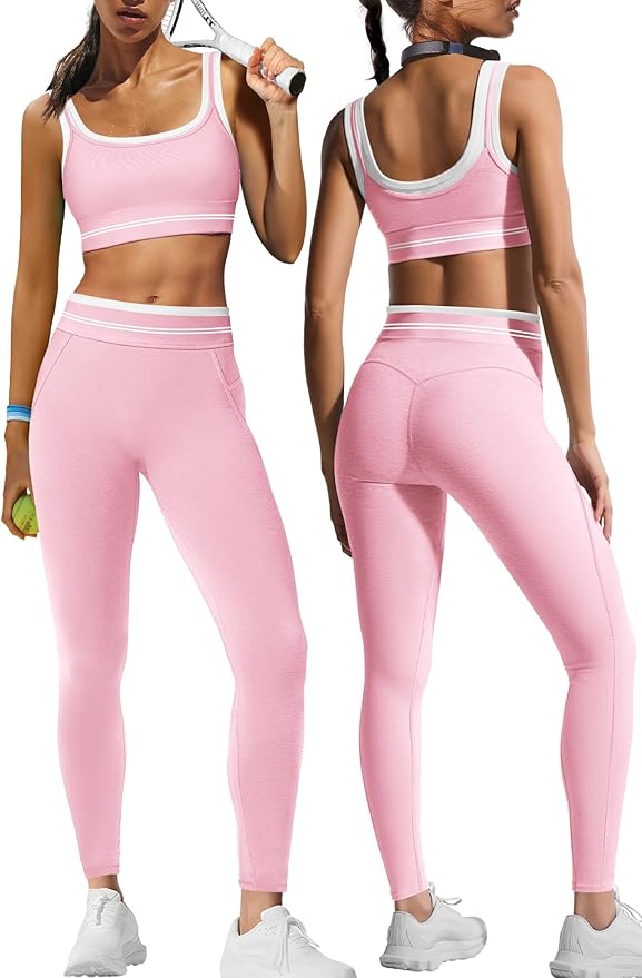 Panadila Womens Yoga Set 2 Piece Outfits Striped Workout Set Gym Matching Sports Bra and High Waist Leggings Activewear
