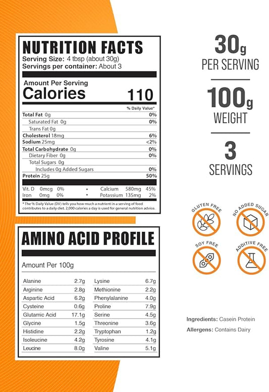 BulkSupplements.com Casein Protein Powder - Micellar Casein Powder, Slow Digesting Protein - Unflavored & Gluten Free, 30g per Serving, 100g (3.5 oz) (Pack of 1)