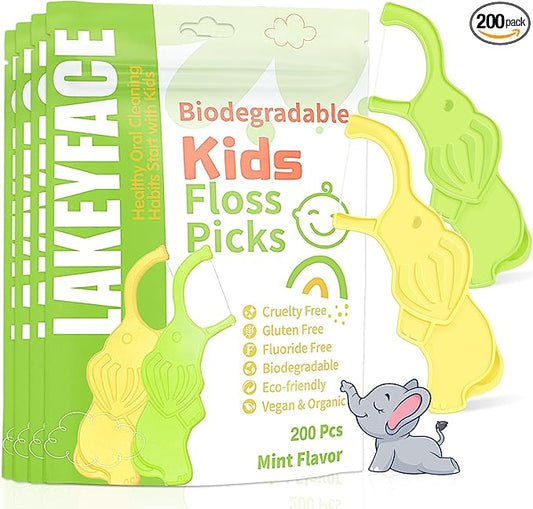 Biodegradable Kids Flossers, Cute Elephant Floss Picks, No Fluoride BPA Free Eco Friendly Dental Floss Picks, Mint Flavored, 2 Colors, 50 Count (Pack of 4)