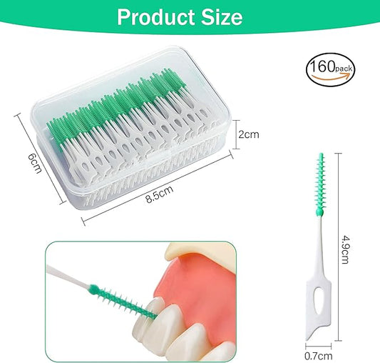 160PCS Portable Soft Silica Gel Toothpick Dental Floss Picks Original Suitable for Oral Care of Adults and Children, Toothpick Brushes Teeth Cleaning Tool (Green)