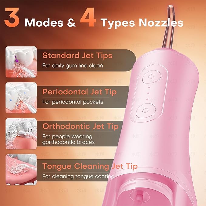 Water Dental Flosser - Portable Cordless Oral Irrigator 300ML, Rechargeable IPX7 Waterproof Irrigation Cleaner for Teeth Cleaning & Flossing, Travel & Home Use (Pink)