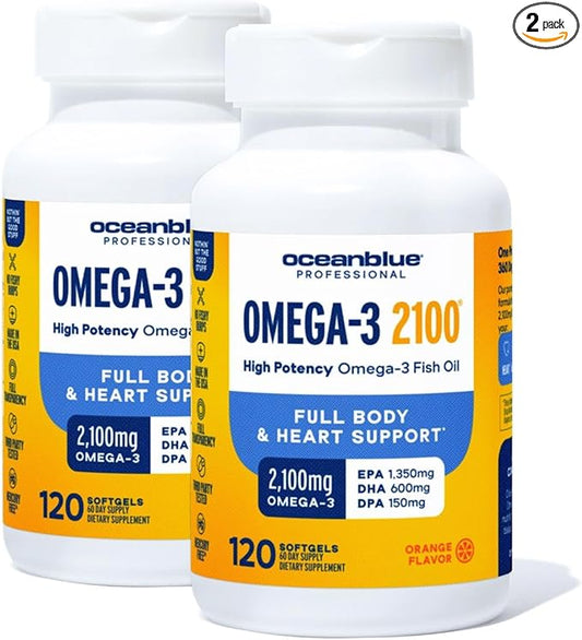 Ocean Blue Omega 3 2100 - Olcenic Blend - 120 Count - 2 Pack - Natural Orange Flavor - No Fishy Aftertaste or Burps - Heart Health - Cholesterol - Eye & Brain Support - Natural Flavor - No Indigestion