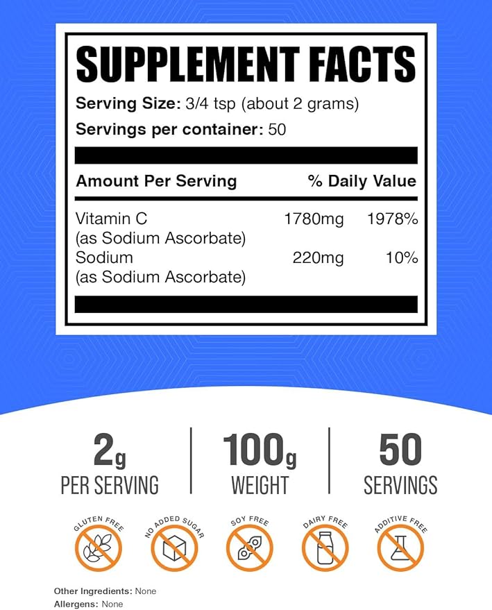 BulkSupplements.com Sodium Ascorbate Powder - for Immune Support, Sodium Ascorbate Vitamin C - Buffered Vitamin C, Gluten Free, 2g per Serving, 100g (3.5 oz) (Pack of 1)