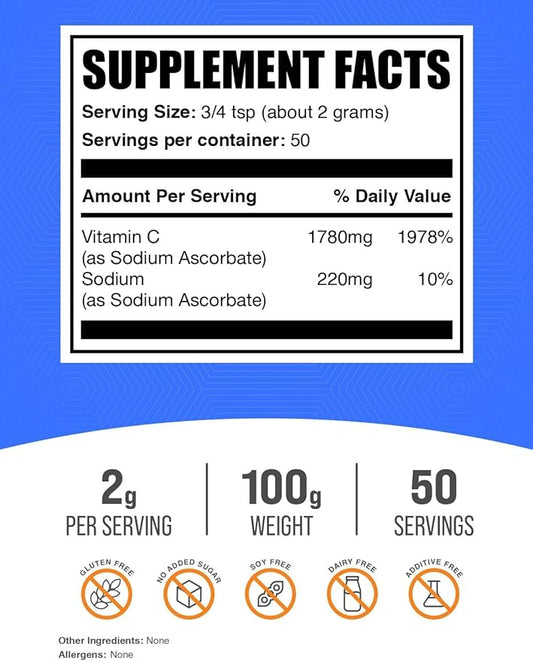BulkSupplements.com Sodium Ascorbate Powder - for Immune Support, Sodium Ascorbate Vitamin C - Buffered Vitamin C, Gluten Free, 2g per Serving, 100g (3.5 oz) (Pack of 1)