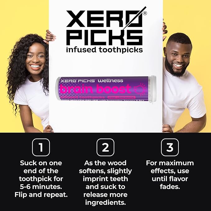 Xero Picks Wellness - Infused Flavored Toothpicks - Dry Mouth Prevention - 60 Picks - 3 Pack - Pink Lemonade - Brain Boost - Huperzine, Bacopa, B12