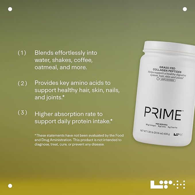 LTH Prime Collagen Peptides - Trusted by Life Time Members - Collagen Powder for Digestive Health - Supports Healthy Joints, Hair & Skin - from Grass-Fed Cows - Unflavored - 30 Servings