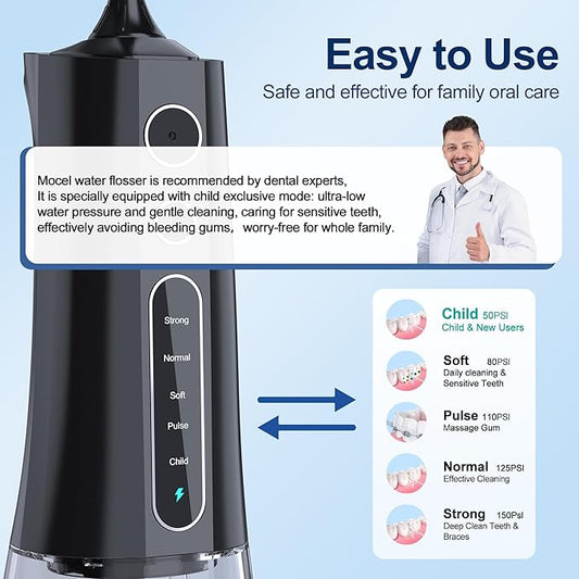 Water Dental Flosser OLED Display Cordless Teeth Cleaning MOCEL 5 Modes Oral Irrigator 300ML Portable and USB C Rechargeable IPX7 Waterproof Floss Teeth Pick (Black)